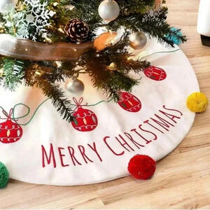Cream White 32 Inches Christmas Tree Skirt Embroidery Colorful Bright Pompom